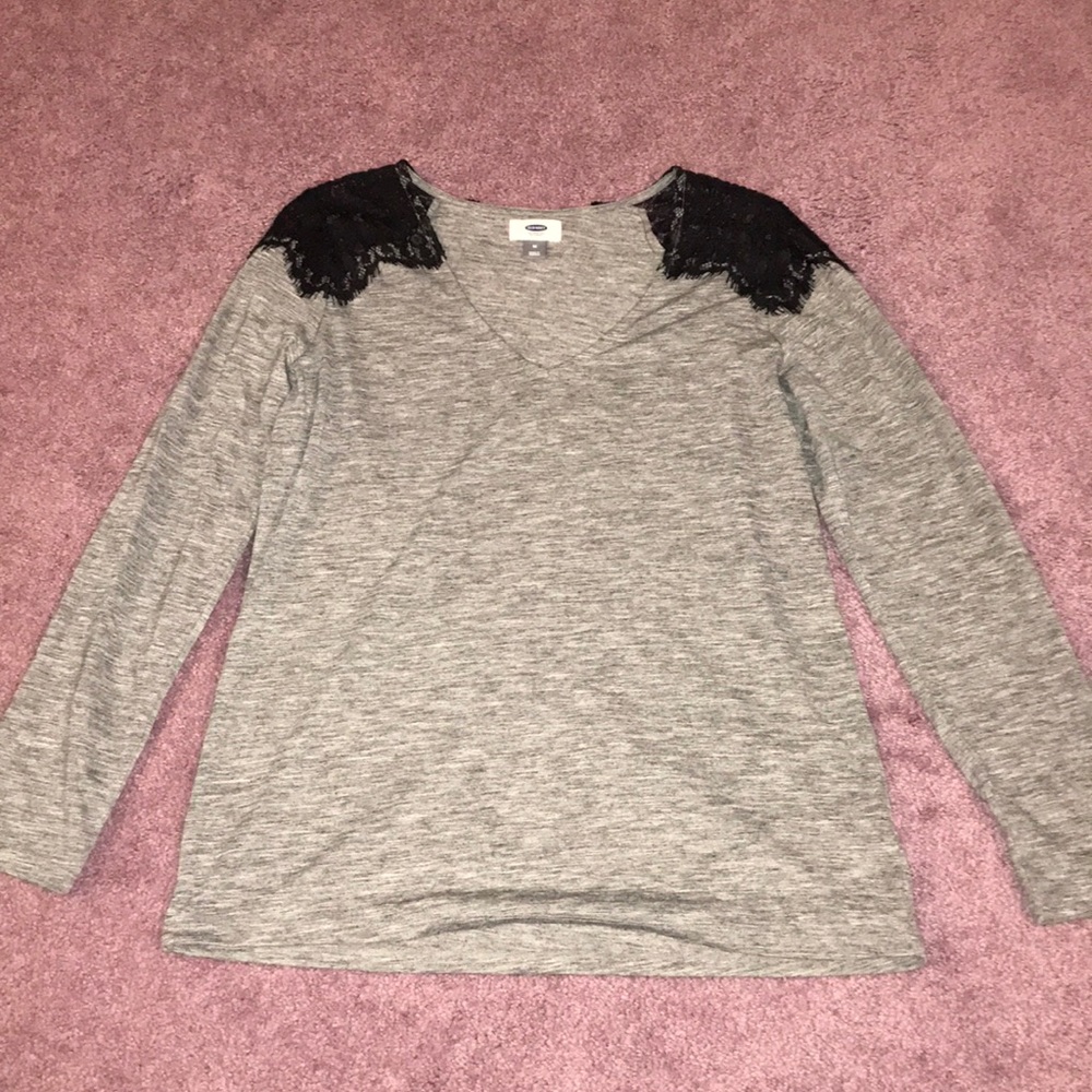 Gray Shirt with Lace Shoulder Detail